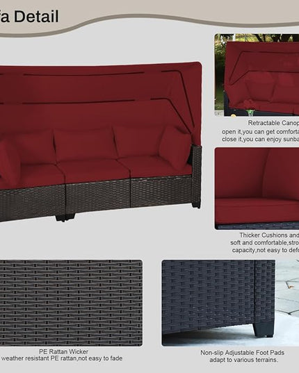 6 PCS Outdoor Patio Furniture Set,Sectional Sofa Set,Rattan Daybed with Retractable Canopy,Adjustable Backrest,Storage Coffee Table,Chaise Chair Sunbed for Porch Garden Poolside Backyard(Red) - LeafyLoom