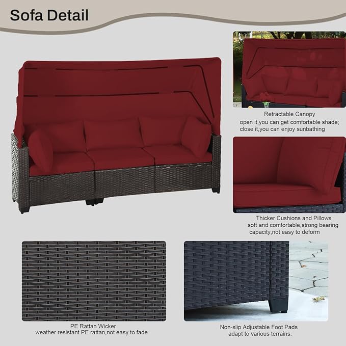 6 PCS Outdoor Patio Furniture Set,Sectional Sofa Set,Rattan Daybed with Retractable Canopy,Adjustable Backrest,Storage Coffee Table,Chaise Chair Sunbed for Porch Garden Poolside Backyard(Red) - LeafyLoom