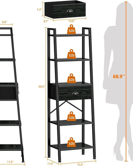Furologee 5 Tier BookShelf, Ladder Shelf with Drawer, Tall Bookcase Corner Shelf, Narrow Shelf Industrial Display Standing Units for Home Office, Living Room, Bedroom, Kitchen, Black Oak - LeafyLoom