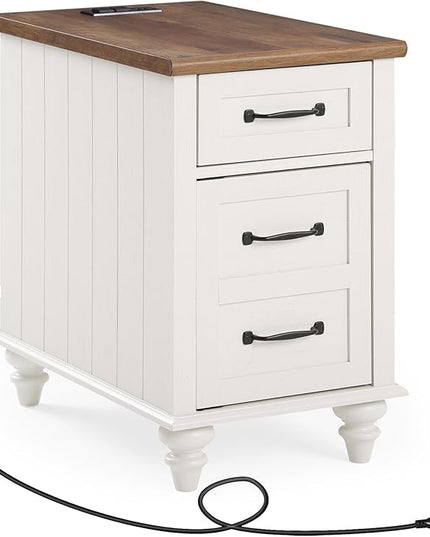 WAMPAT End Table with Charging Station, White Side Table with Storage Cabinet and Drawer, Wood Nightstand with Power Outlets & USB Ports for Bedroom, Living Room - LeafyLoom