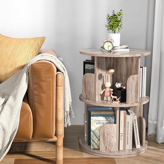 Nidouillet Small Rotating Bookshelf, 2 Tier Revolving Bookcase 360° Display Round Bookshelf Narrow Swivel Corner Book Shelf Standing Bookcase Adult Bedroom - LeafyLoom