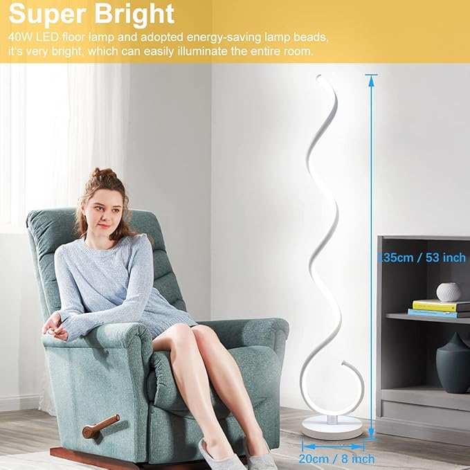 Spiral LED Floor Lamp, 40W Dimmable Floor Lamps for Living Room with Remote Control, Stepless Adjustable Colors & Brightness Standing Lamp Reading Corner Floor Lamp for Bedroom, Office -White - LeafyLoom