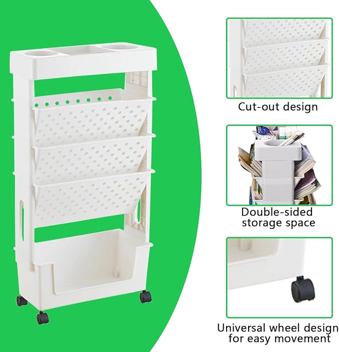 5 Tier Book Rack Storage Bookshelf,Rolling Small Bookshelf for Small Spaces with Double Sided Storage,Kids Bookshelf for Childrens Students in The Classroom Bedroom Library Study - LeafyLoom