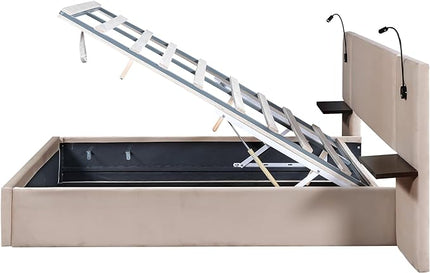 Queen Size Storage Upholstered Hydraulic Platform Shelves, Modern Velvet Fabric Bed Frame W/ 2 Lights and USB Port,No Box Spring Required,for Bedroom, Apartment,Beige - LeafyLoom