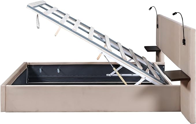 Queen Size Storage Upholstered Hydraulic Platform Shelves, Modern Velvet Fabric Bed Frame W/ 2 Lights and USB Port,No Box Spring Required,for Bedroom, Apartment,Beige - LeafyLoom