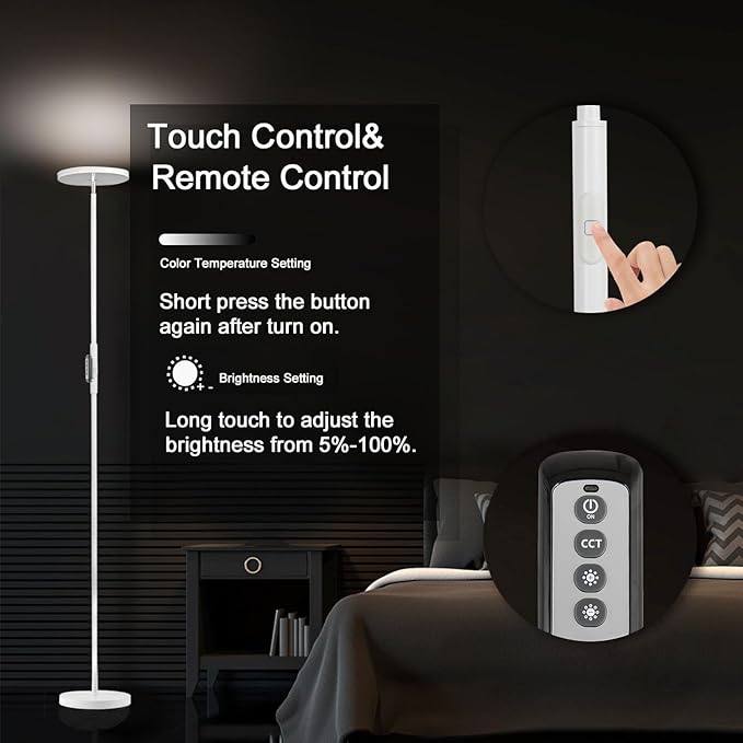 JOOFO Floor Lamp,30W/2400LM Sky LED Modern Torchiere 3 Color Temperatures Super Bright -Tall Standing Pole Light with Remote & Touch Control for Living Room,Bed Room,Office (Pearl White) - LeafyLoom