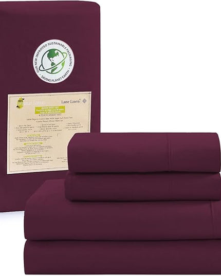 LANE LINEN 100% Organic Cotton Full Sheets Set 4-Piece Pure Percale Long Staple Soft Bedding Breathable Fits Mattress Upto 15" Deep - Windsor Wine - LeafyLoom