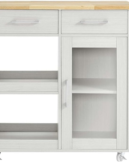 Modway Culinary Rolling Kitchen Cart with Storage in White Natural - 3 Tiers Kitchen Island on Wheels with Towel Bar, Functional as a Coffee Station, Bar Cabinet or Butcher Block Island - LeafyLoom