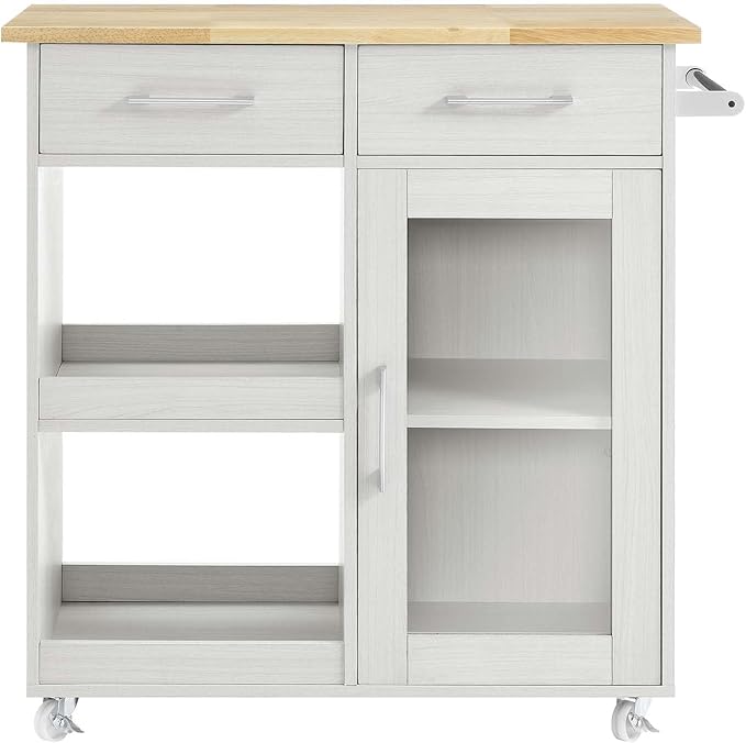 Modway Culinary Rolling Kitchen Cart with Storage in White Natural - 3 Tiers Kitchen Island on Wheels with Towel Bar, Functional as a Coffee Station, Bar Cabinet or Butcher Block Island - LeafyLoom