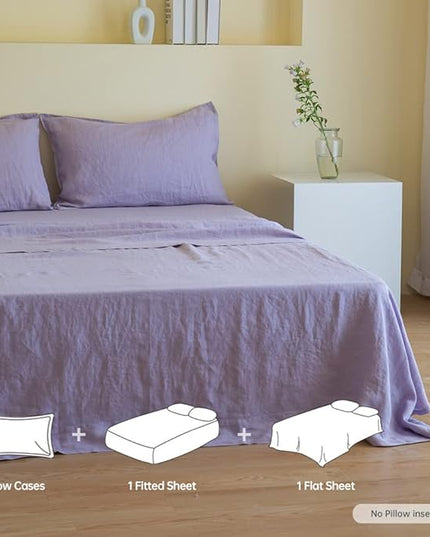 Simple&Opulence 100% Linen Sheet Set Solid Color-4 Pcs Washed French Linen Bed Sheets(1 Flat Sheet,1 Fitted Sheet,2 Pillowcases)-Breathable Bedding Set(California King, Lilac) - LeafyLoom