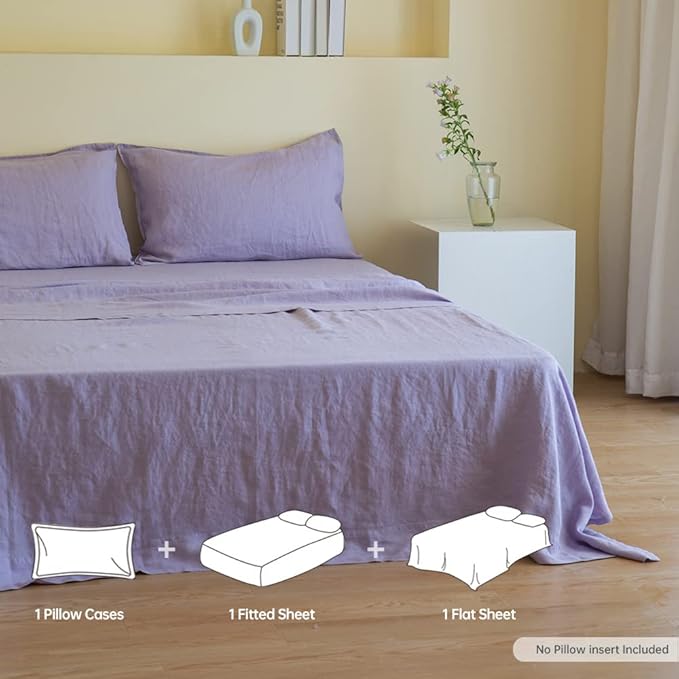 Simple&Opulence 100% Linen Sheet Set Solid Color-4 Pcs Washed French Linen Bed Sheets(1 Flat Sheet,1 Fitted Sheet,2 Pillowcases)-Breathable Bedding Set(California King, Lilac) - LeafyLoom