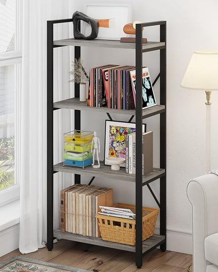 BON AUGURE Industrial 4 Tier Bookshelf, Modern Open Etagere Bookcase, Wood Metal Book Shelves for Living Room, Bedroom and Office (Dark Gray Oak) - LeafyLoom