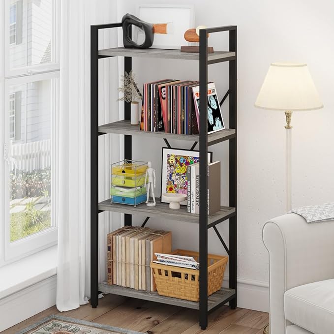 BON AUGURE Industrial 4 Tier Bookshelf, Modern Open Etagere Bookcase, Wood Metal Book Shelves for Living Room, Bedroom and Office (Dark Gray Oak) - LeafyLoom