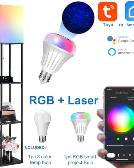 NUNET LED Floor Lamp w. Shelves & AC/USB Outlets Smart Light Bulb Galaxy Star Projector Color Changing & App/Voice Controlled Lights w. 3 Level Shelves for Bedroom Living Room Corner - LeafyLoom