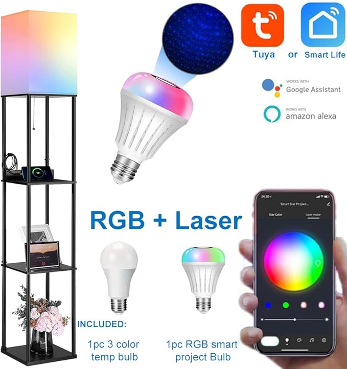 NUNET LED Floor Lamp w. Shelves & AC/USB Outlets Smart Light Bulb Galaxy Star Projector Color Changing & App/Voice Controlled Lights w. 3 Level Shelves for Bedroom Living Room Corner - LeafyLoom