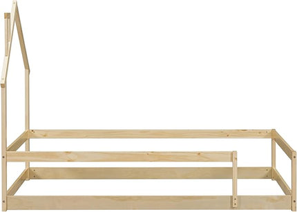 Bellemave Twin Size House-Shaped Headboard Floor Bed with Fence,Wooden Montessori Floor Bed for Kids,House Bed Twin Frame for Girls,Boys (Natural) - LeafyLoom