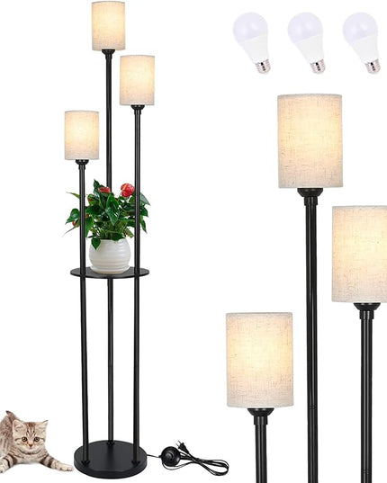 Floor Lamp - 3 Lights Modern Floor Lamp for Living Room, Dimmable Tall Pole Lamp with Shelves, Farmhouse Standing lamp for Bedrooms Office Home Decor, 3 LED Bulbs Included, 3 Color Temperatures - LeafyLoom