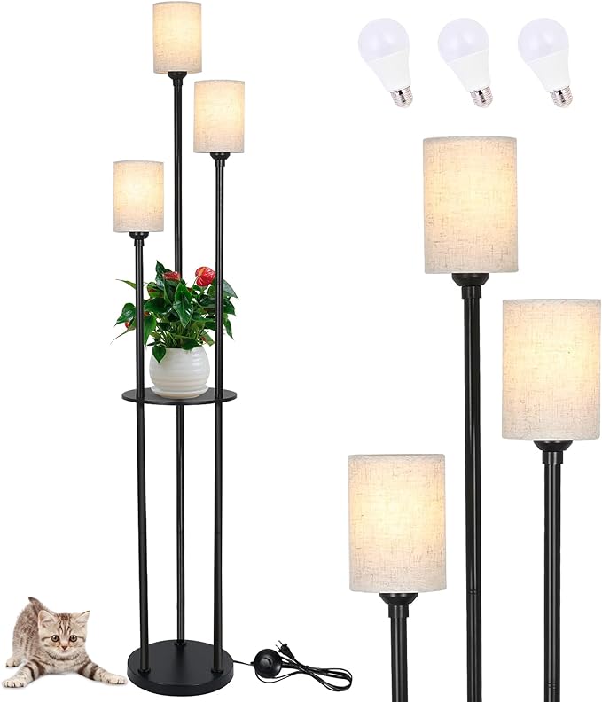 Floor Lamp - 3 Lights Modern Floor Lamp for Living Room, Dimmable Tall Pole Lamp with Shelves, Farmhouse Standing lamp for Bedrooms Office Home Decor, 3 LED Bulbs Included, 3 Color Temperatures - LeafyLoom