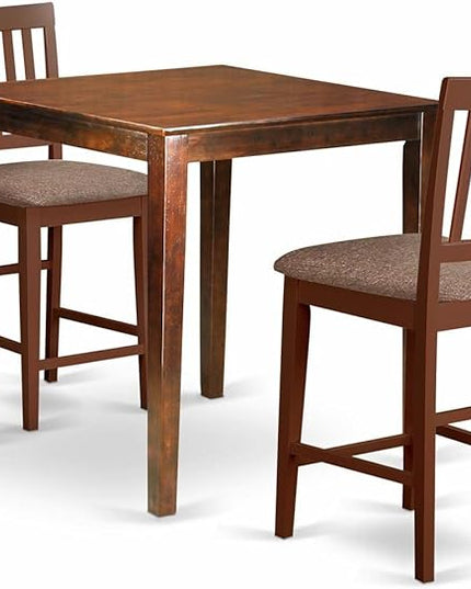 East West Furniture VERN3-MAH-C Vernon 3 Piece Counter Height Pub Set for Small Spaces Contains a Square Dining Room Table and 2 Linen Fabric Upholstered Chairs, 36x36 Inch - LeafyLoom