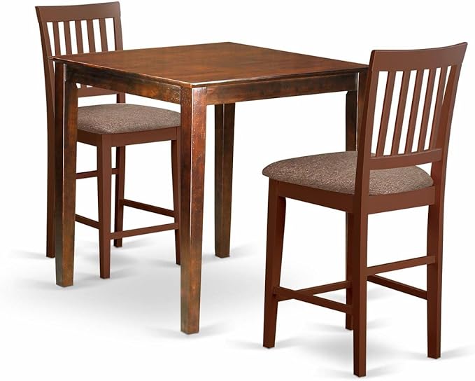 East West Furniture VERN3-MAH-C Vernon 3 Piece Counter Height Pub Set for Small Spaces Contains a Square Dining Room Table and 2 Linen Fabric Upholstered Chairs, 36x36 Inch - LeafyLoom