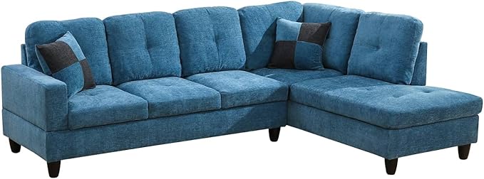ROOMTEC 3 Piece L Shaped Sectional Sofa Set with Storage Ottoman, Right Facing Chaise Longue, Reversible Backrest w/ 2 Cup Holders, Flannel Tufted Cushions, for Living Room, Blue - LeafyLoom