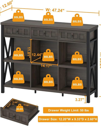 FATORRI Rustic 6 Cube Storage Organizer Shelf with 3 Drawers, Long Horizontal Bookshelf, Industrial Wood and Metal Cubby Bookcase (Walnut Brown, 47 Inch) - LeafyLoom