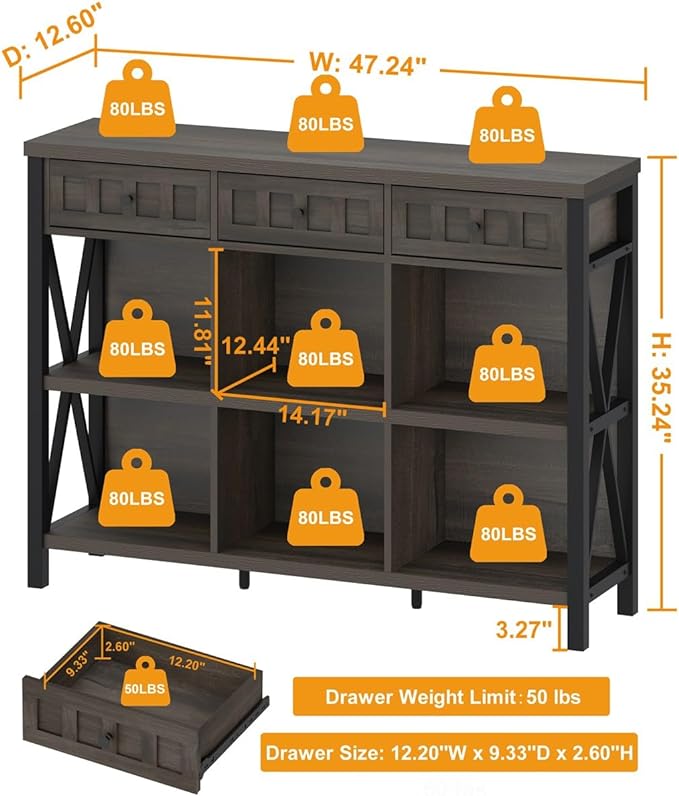 FATORRI Rustic 6 Cube Storage Organizer Shelf with 3 Drawers, Long Horizontal Bookshelf, Industrial Wood and Metal Cubby Bookcase (Walnut Brown, 47 Inch) - LeafyLoom