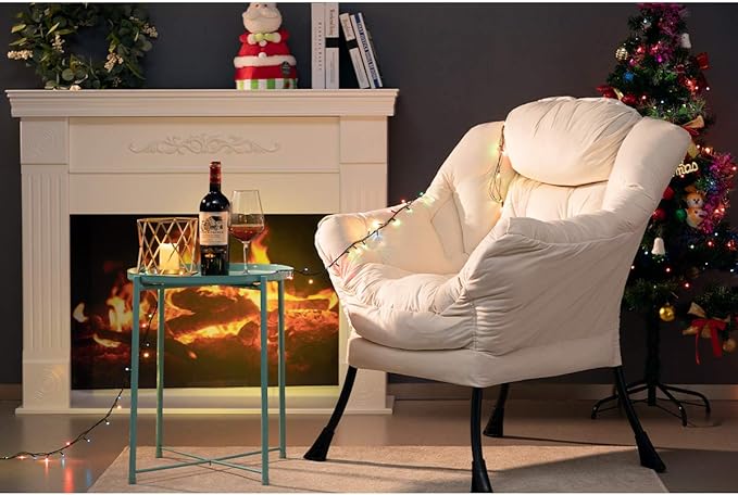 AcozyHom Modern Cotton Fabric Lazy Chair, Accent Contemporary Lounge Chair, Single Steel Frame Leisure Sofa Chair with Armrests and A Side Pocket, Thick Padded Back, Beige - LeafyLoom
