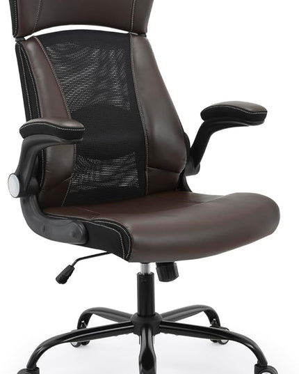 Home Office Chair, Ergonomic Desk Chair with Lumbar Support, Faux PU Leather Cushion Mid Back Mesh Executive Computer Chair-Adjustable Headrest, Armrest, Height for Home Office Gaming, Brown - LeafyLoom