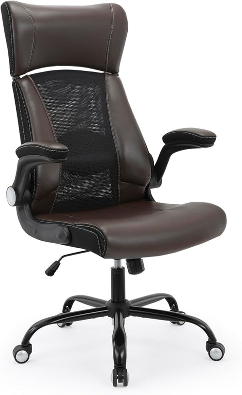 Home Office Chair, Ergonomic Desk Chair with Lumbar Support, Faux PU Leather Cushion Mid Back Mesh Executive Computer Chair-Adjustable Headrest, Armrest, Height for Home Office Gaming, Brown - LeafyLoom