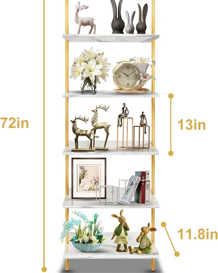 5 Tiers Ladder 2-Piece Shelf White Marble Modern Bookshelf Open Tall Wall Mount Bookcase Standing Leaning Wall Shelves Industrial Decorative - LeafyLoom