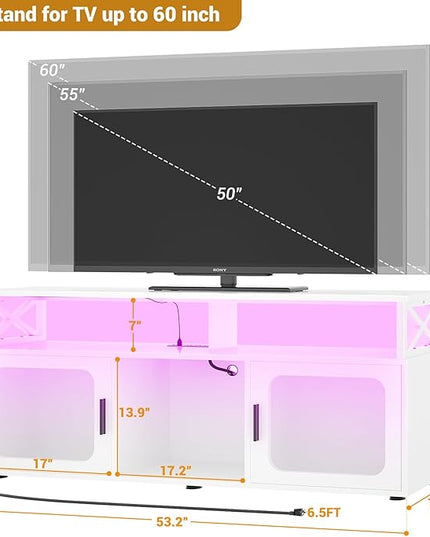 Aheaplus TV Stand for 55 60 Inch TV, Entertainment Center with LED Light & Charging Station, TV Console Table, Large Media Console Cabinet w/Soundbar Shelf, Cord Holes, for Living Room, Bedroom, White - LeafyLoom