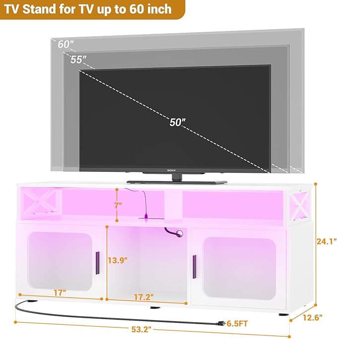 Aheaplus TV Stand for 55 60 Inch TV, Entertainment Center with LED Light & Charging Station, TV Console Table, Large Media Console Cabinet w/Soundbar Shelf, Cord Holes, for Living Room, Bedroom, White - LeafyLoom