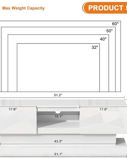 White TV Stand Modern - TV Stands with Led Lights and Storage Drawers for TVs up to 55 Inch - Gaming TV Entertainment Stand for Living Room, Bedroom - LeafyLoom