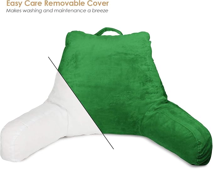 Clara Clark Reading Pillow, Standard Back Pillow for Sitting Up in Bed, Memory Foam Back Support Pillow, Reading Pillows for Sitting in Bed, Green Sit Up Pillow for Bed Chair Arm Pillow with Pockets - LeafyLoom