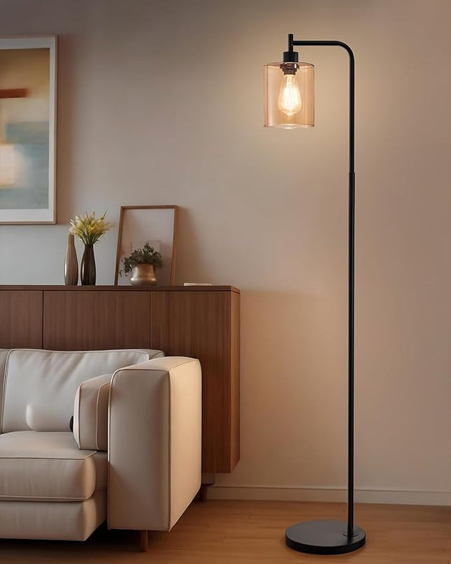Oneach 66.5 '' Black Floor Lamps for Living Room with Glass Lampshade Tall Floor Lamp with LED Bulb Industrial Standing Lamp for Bedroom - LeafyLoom