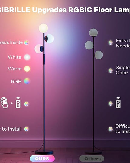 RGBCW Floor Lamp, 3 Globe Bright Color Changing RGB Standing Lamp with Remote, Modern Stepless Dimmable LED Tall Floor Lamps for Living Room Bedroom Office, 30W, 2700-6500K, Black - LeafyLoom