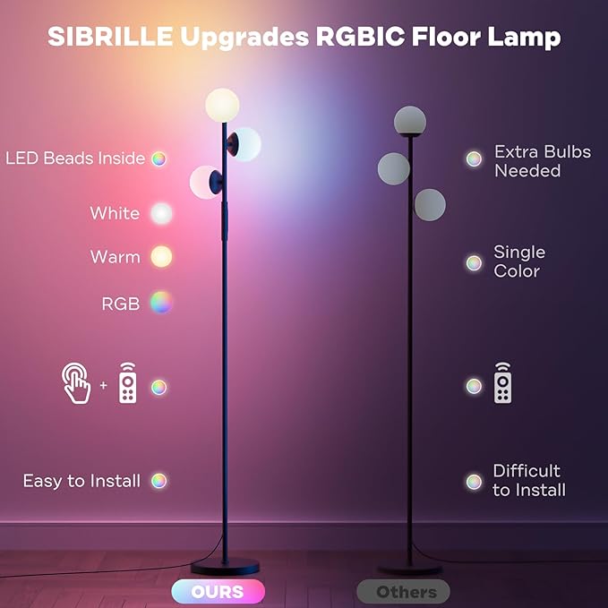 RGBCW Floor Lamp, 3 Globe Bright Color Changing RGB Standing Lamp with Remote, Modern Stepless Dimmable LED Tall Floor Lamps for Living Room Bedroom Office, 30W, 2700-6500K, Black - LeafyLoom