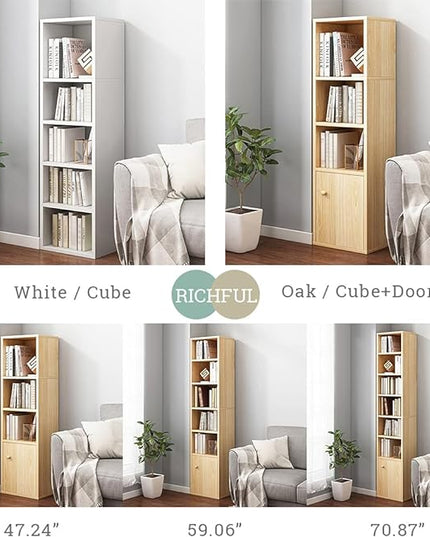 IOTXY Small Narrow Corner Bookcase - 71 Inches Tall Gap Freestanding Storage Cabinet, 7 Lattices Open Shelves Tower Rack with Door, Cubes Bookshelf in Oak - LeafyLoom