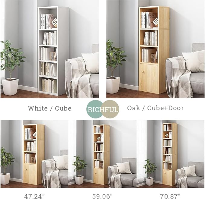 IOTXY Small Narrow Corner Bookcase - 59 Inches Tall Gap Freestanding Storage Cabinet, 6 Lattices Open Shelves Tower Rack with Door, Cubes Bookshelf in Oak - LeafyLoom