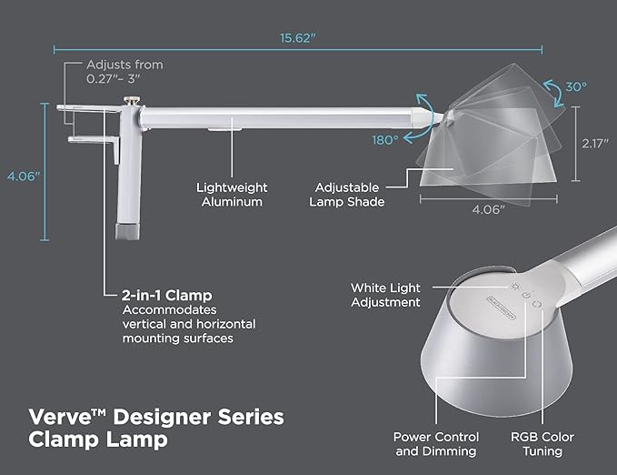 BLACK+DECKER Verve Designer LED Clamp Light, Fits Shelves, Cubicles & Headboards, True White LED + 16M RGB Colors - LeafyLoom