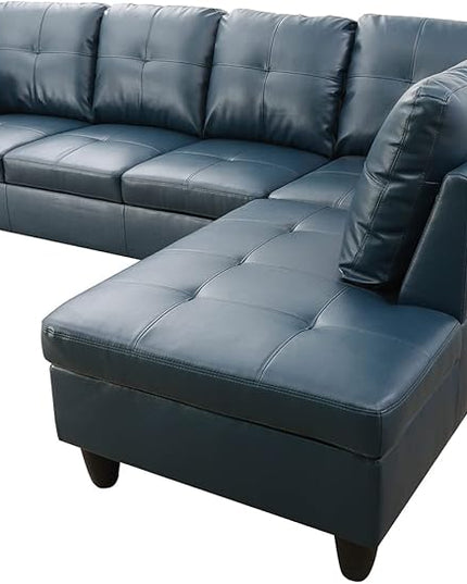 ROOMTEC Button 3 Piece L Shape Sectional Sofa Set, Upholstered Corner Couch with Storage Ottoman, Faux Leather Tufted Cushions, for Living Room, Apartment, 97inch, Denim w/Right Chaise Lounge - LeafyLoom