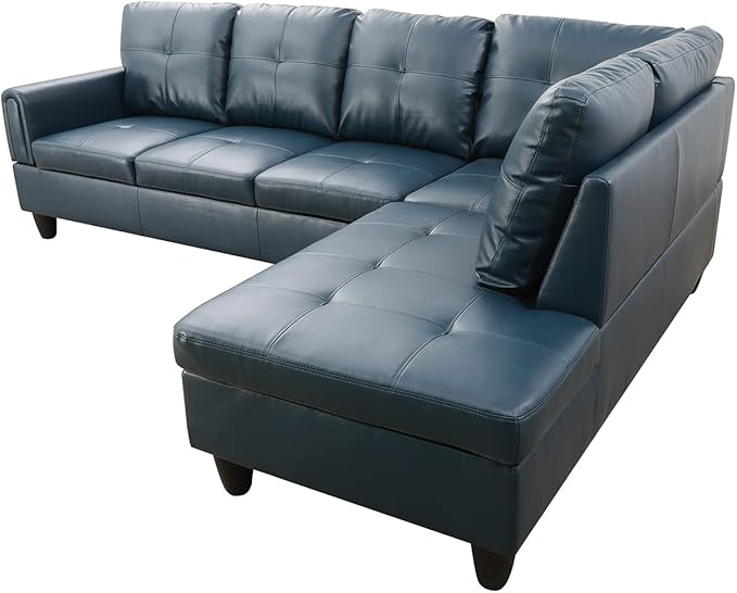 ROOMTEC Button 3 Piece L Shape Sectional Sofa Set, Upholstered Corner Couch with Storage Ottoman, Faux Leather Tufted Cushions, for Living Room, Apartment, 97inch, Denim w/Right Chaise Lounge - LeafyLoom