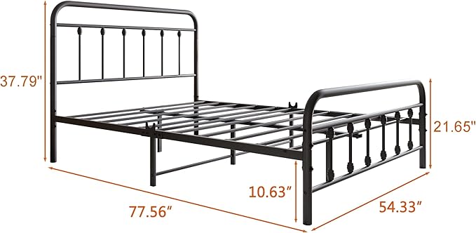 Vintage Full Size Bed Frame with Headboard and Footboard Mattress Heavy Duty Metal Platform, Steel Slat Support (Full, Black Sanded) - LeafyLoom