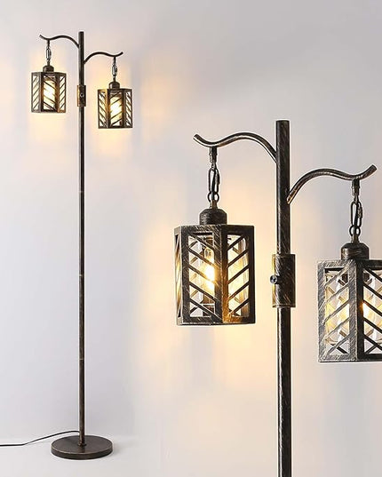 Industrial Floor Lamp,Vintage Dimmable Floor Lamp,2 Classical Lanterns Standing Lamp, Rustic Farmhouse Floor Lamp with Bronze Gold Finish, for Living Room Bedroom (Bronze) - LeafyLoom