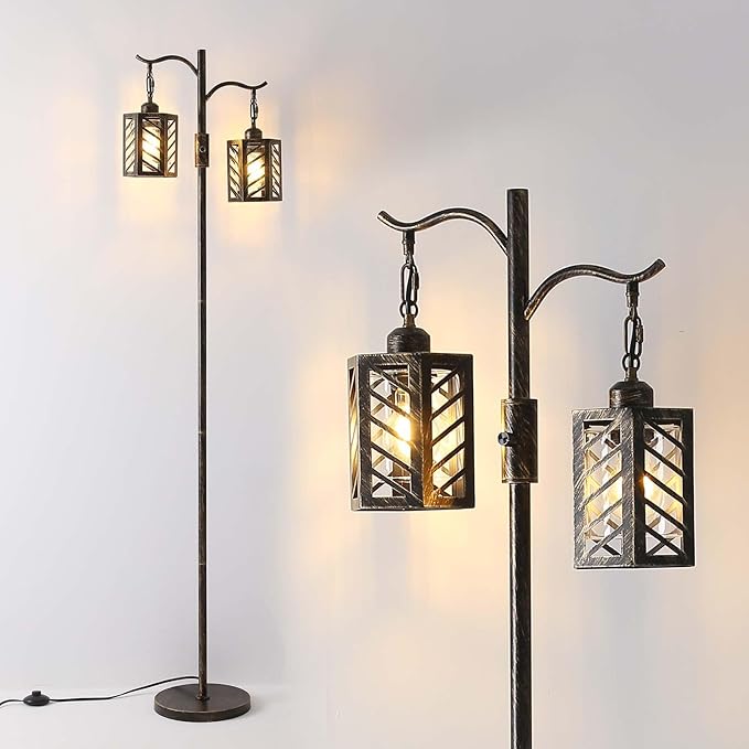 Industrial Floor Lamp,Vintage Dimmable Floor Lamp,2 Classical Lanterns Standing Lamp, Rustic Farmhouse Floor Lamp with Bronze Gold Finish, for Living Room Bedroom (Bronze) - LeafyLoom