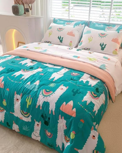 Wajade Kids Llama Comforter Set Bed in A Bag Twin Size 7 Piece Cute Alpaca Tropical Plant Cactus Bedding Set for Girls Boys (1 Comforter, 1 Flat Sheet, 1 Fitted Sheet, 2 Pillowcase and 2 Pillow Sham) - LeafyLoom
