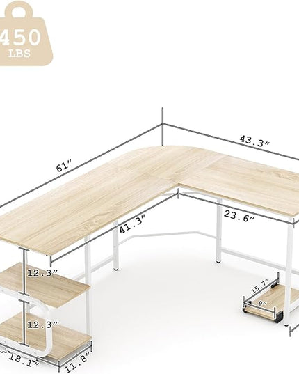 Teraves Reversible L Shaped Desk with Large Surface, 61 Inch Sturdy Corner Desk with Storage Shelves, Premium Office Computer Desk Workstation for Home Office Gaming - LeafyLoom