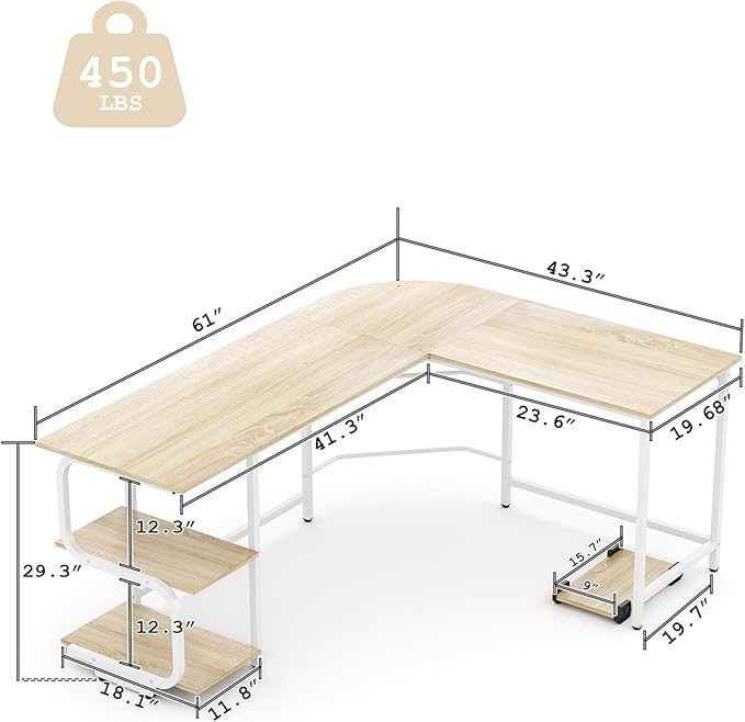 Teraves Reversible L Shaped Desk with Large Surface, 61 Inch Sturdy Corner Desk with Storage Shelves, Premium Office Computer Desk Workstation for Home Office Gaming - LeafyLoom