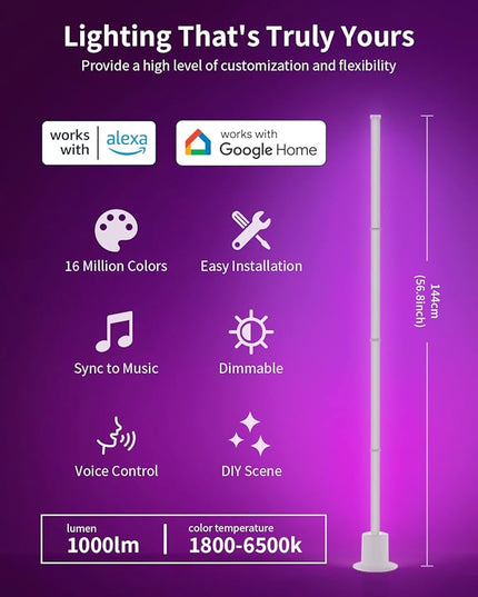 Smart Corner Floor Lamp - LED Floor Lamp with Alexa and App Control, 16 Million DIY Colors, Music Sync, DIY Color Modes,Timer Setting, Suitable for Living Room and Bedroom - LeafyLoom